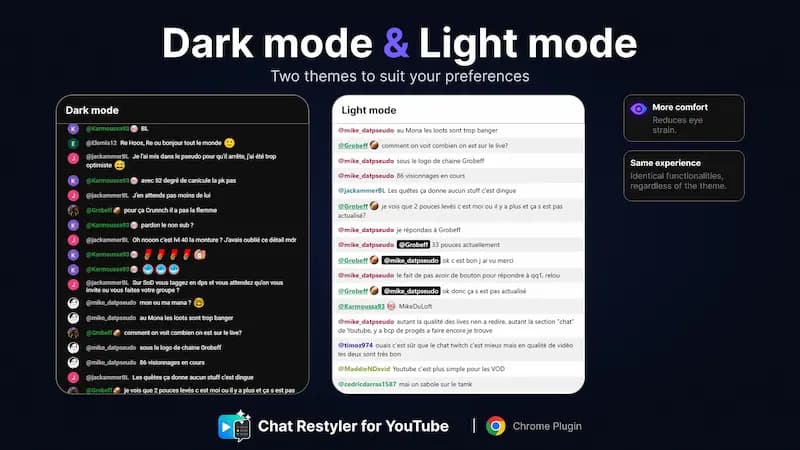 Aperçu du Dark/Light mode pour Chat Restyler for YouTube
