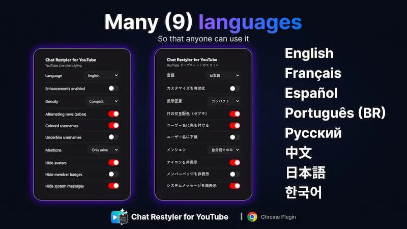 Aperçu des 9 langues de Chat Restyler for YouTube
